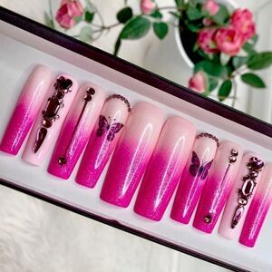 Pink Bling & Butterflies Press On Nails | Handmade Press On Nails | Fake Nails